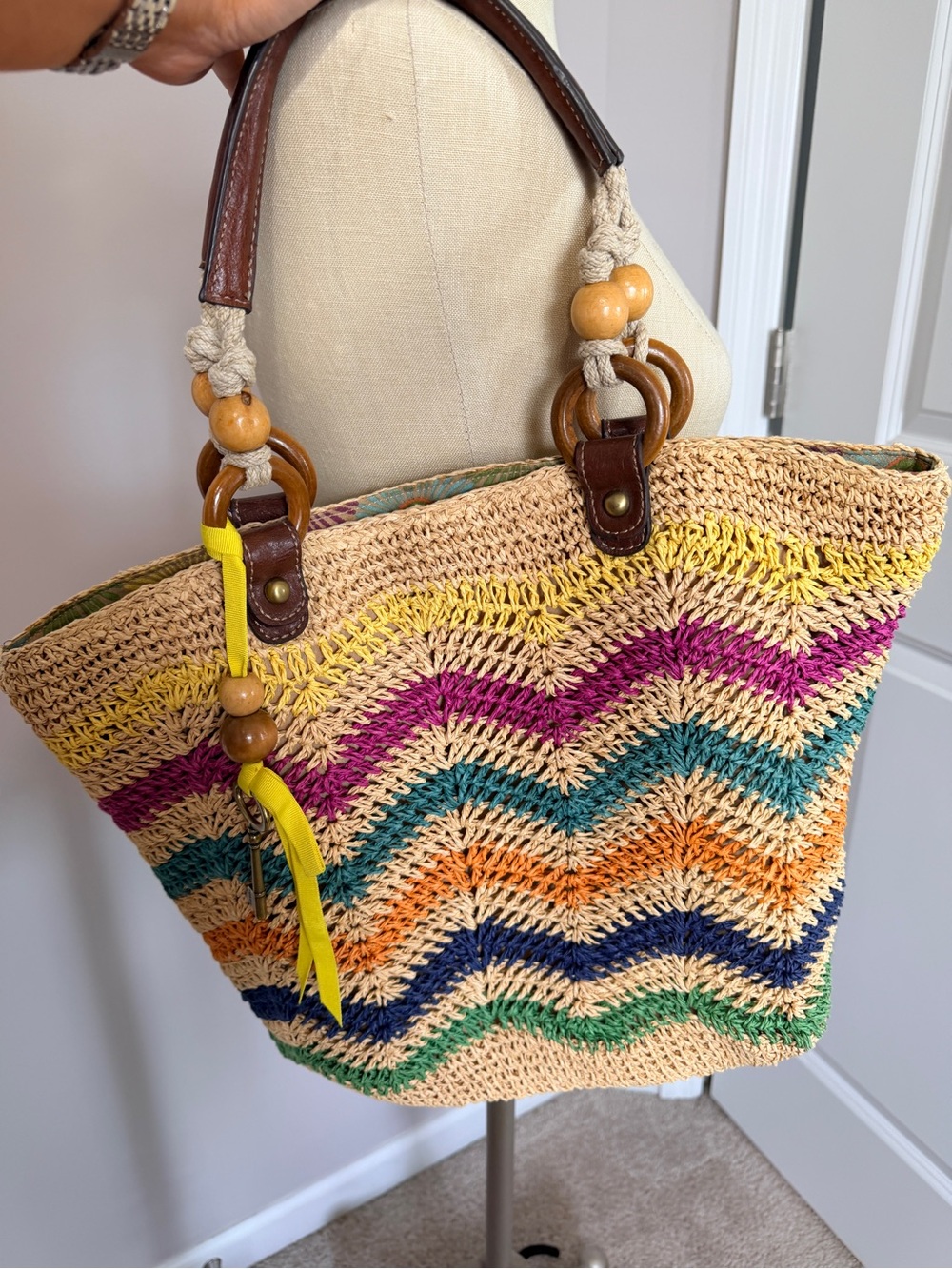 Fossil Multicolor Chevron Straw Tote with Brown Leather Handles - Picture 8 of 8